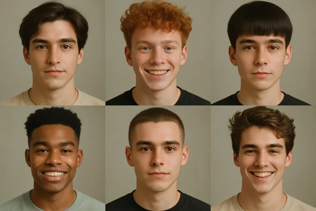 Rostros de chicos jóvenes con el pelo, rostro y cortes diferentes